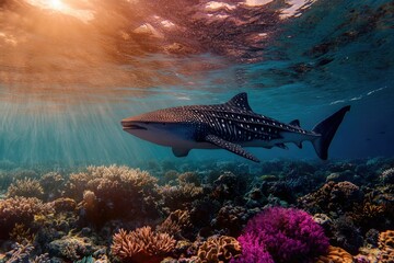 Fototapeta premium A whale shark gracefully swims over a vibrant coral reef in sunlit ocean water.