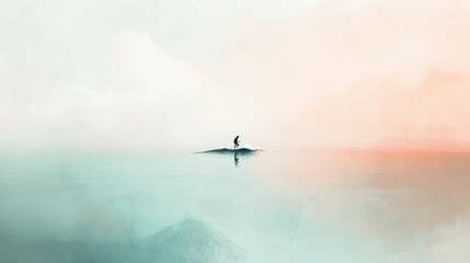 A lone surfer rides a small wave at dawn, a peaceful and serene scene.