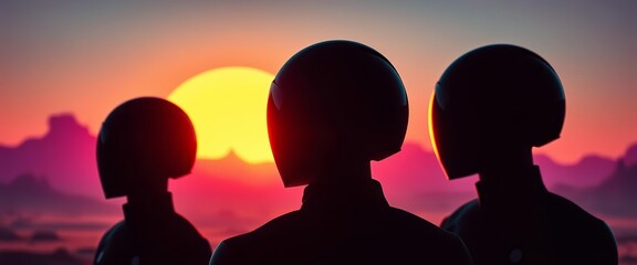 Silhouetted figures in sleek helmets against a vibrant alien landscape, adventure, cinematic