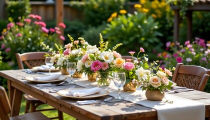 Elegant outdoor dining experience garden setting table arrangement floral decor natural surroundings aesthetic appeal