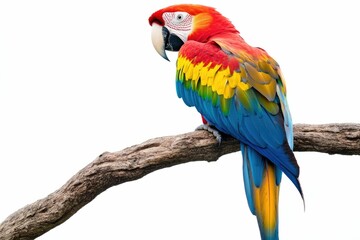 Fototapeta premium A vibrant scarlet macaw perches gracefully on a weathered branch against a stark white background.