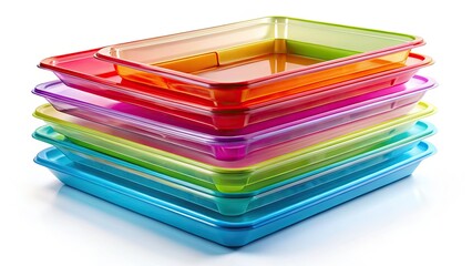 Fototapeta premium Colorful Plastic Food Trays Kitchen Stack, Home Food Storage, Bright Stacked Containers