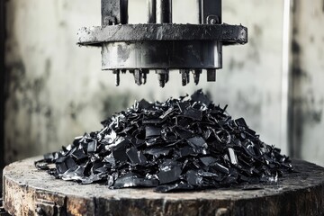 Industrial machine processing a pile of black shredded material, likely plastic or rubber waste.