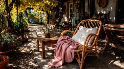 Outdoor wicker chair with pink throw