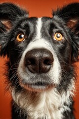 Fototapeta premium A black and white border collie with bright golden eyes poses in front of a vivid orange backdrop. The dog's fur is well-groomed, highlighting its lively expression and playful demeanor