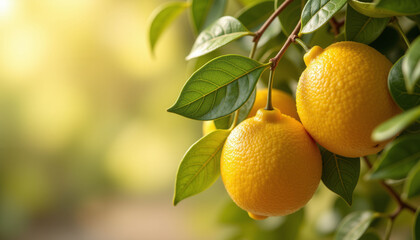 Two lemons hanging from a tree branch. The lemons are yellow and have a slightly fuzzy appearance