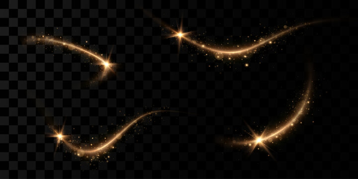 Golden comet  with sparkling stars and dust.Magic golden wind festive isolated on transparent background.  Powder dust light . Magic shining gold dust. 