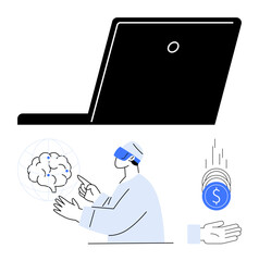 Person in VR headset interacting with artificial intelligence, virtual currency symbols, and technology. Ideal for AI, VR, fintech, innovation, digital transformation, education simple landing page