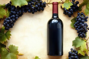 wine list background; sweet black grapes and red wine bottle