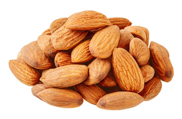 Almond nut seeds  isolated on white background. Whole brown peeled almond nuts  pile. Almonds  Package design element.