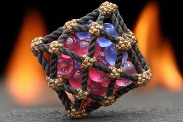 A colorful geometric structure made of beads encased in a woven net, set against a backdrop of flames.