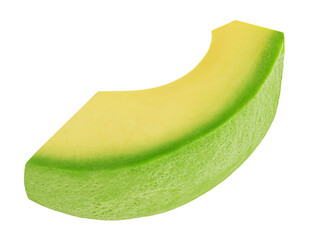Avocado slice isolated on white. Organic Avocado piece falling. Avocado chunk flying. Package design element.