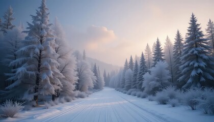 Snow-Covered Pines: Serene Winter Landscape at Dawn