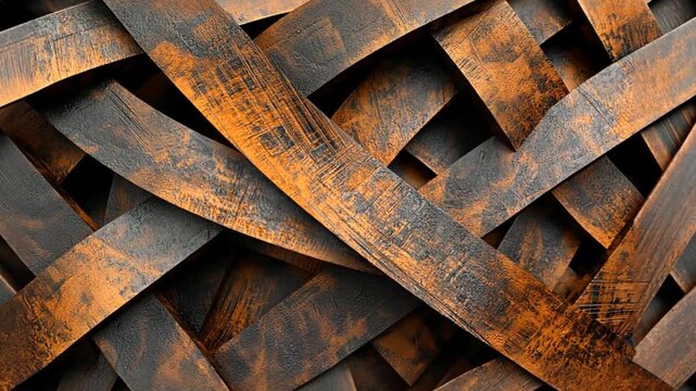 Intricate woven texture of dark and rusty metal strips creating an industrial aesthetic