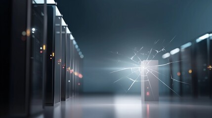High-tech server room visualization. Conceptual glowing fracture effect on server rack representing data breach, cybersecurity threat, or system vulnerability. No people shown.