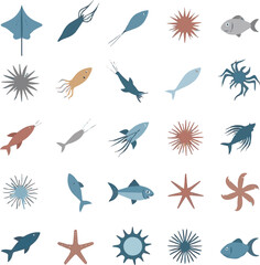 Vector icons of 25 sea creatures in a flat design style, including a stingray, a squid, and a sea urchin, each with unique details and smooth lines, set against a white background.