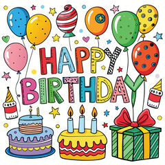 Colorful birthday illustration with balloons, cakes, and a gift