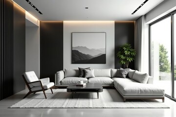 Fototapeta premium Sleek and minimalist living room with monochrome color palette and geometric furniture, chair, couch