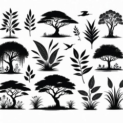 Tropical Plants and Trees Silhouette Set – Vector Collection of Palm Trees, Leaves, and Botanical Elements in Black and White