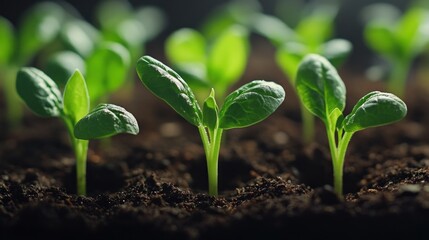 Close-up of young spinach seedlings sprouting from soil. Healthy growth, fresh, vibrant green leaves, emerging from dark rich earth.