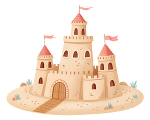 Fototapeta premium Sandcastle illustration with towers and flags in soft colors 