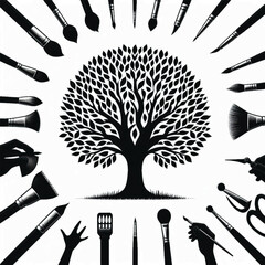 Tropical Plants and Trees Silhouette Set – Vector Collection of Palm Trees, Leaves, and Botanical Elements in Black and White