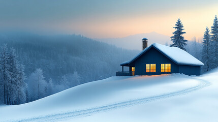 Fototapeta premium Cozy winter cabin nestled in snowy mountain landscape at dawn.