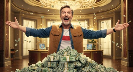 lottery win Excitement fills the air as a man joyfully celebrates amidst a mountain of cash in a luxurious room adorned with elegance and charm Generative AI  joy, celebration, cash, wealth, man,