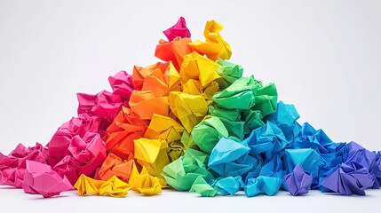 Colorful crumpled paper pile represents creative ideas and discarded notions.
