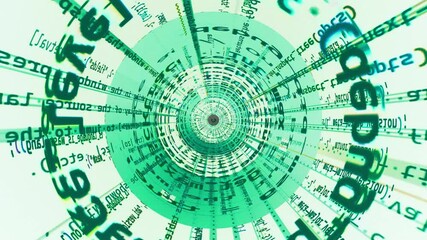 futuristic green coding vortex in a black hole, hacking code in a 3d wormhole animation, mint background