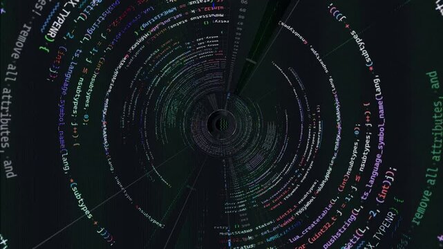 coding vortex in a black hole, hacking code in a 3d wormhole animation, black background