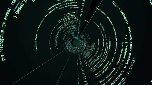 green hacker code funnel, 3d wormhole animation vortex on black background