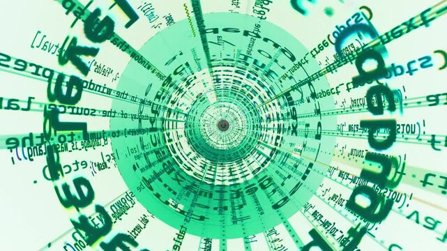 futuristic green coding vortex in a black hole, hacking code in a 3d wormhole animation, mint background