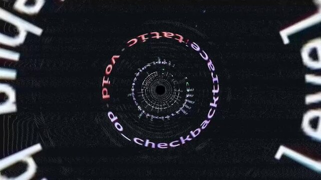 spinning coding language in spiral hacker vortex black hole, hacking code in a 3d wormhole animation, black background