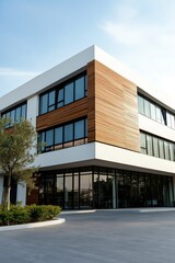 A large building with a wooden facade and a large window. The building is surrounded by a green area with trees and bushes