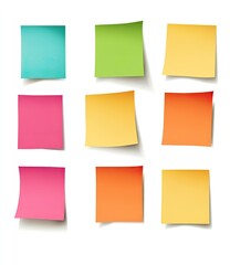 Nine colorful sticky notes isolated on white.