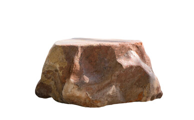 Mountain rock garden chair or beige stone podium isolated on transparent background, png file