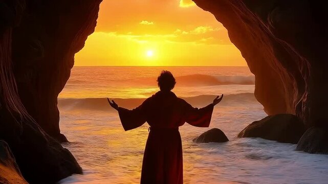 Jesus Christ exits the cave on Easter Monday, his arms outstretch to the heavenly sunrise