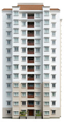 Naklejka premium Modern multi-story residential building with balconies and symmetrical windows.