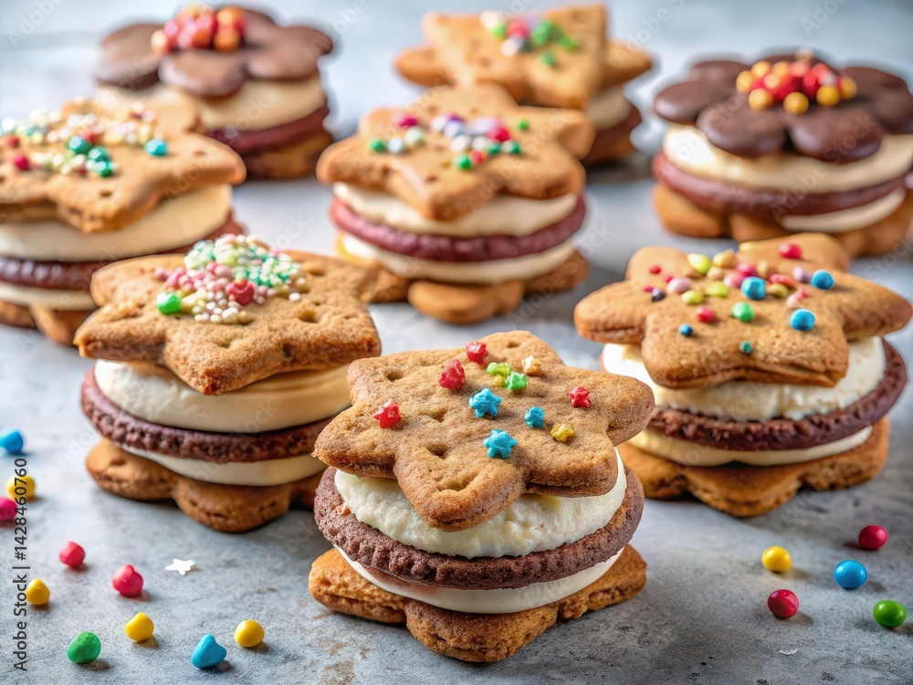 Poster stack of decorated cookies with frosting and sprinkles, arranged on table.