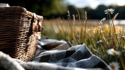 Wicker picnic basket with picnic blanket and daisies by a lakeside during golden hour