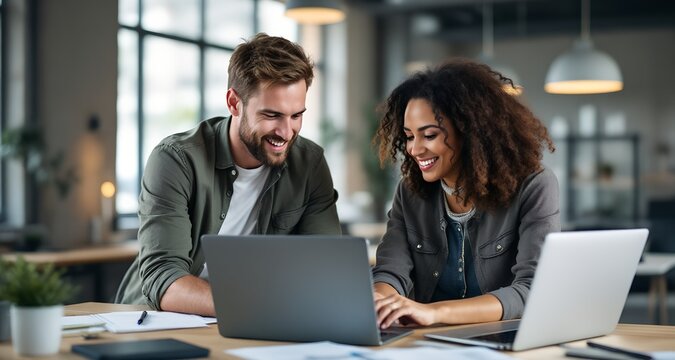 Smiles and collaboration fill the cozy workspace as two individuals engage in a productive brainstorming session with laptops, fostering innovation and creativity in a modern environment Generative AI