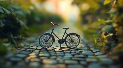 Fototapeta premium Miniature Bicycle On Cobblestone Path Amidst Lush Greenery