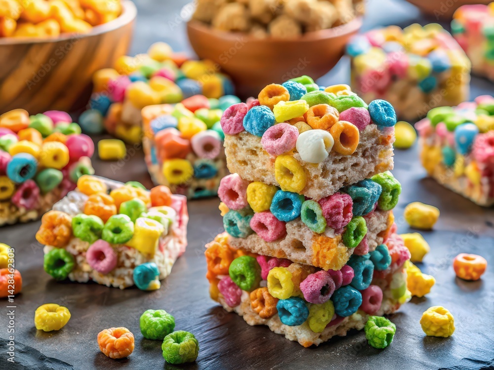 Aufkleber stack of cereal bars topped with colorful cereal pieces.