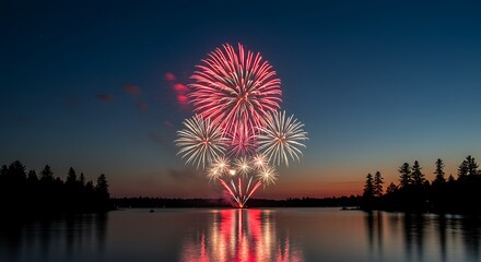 Vibrant Fireworks Display Exploding Over Calm Lake at Twilight, Reflecting Red and White Bursts Against the Dusk Sky, Celebratory, Majestic, Peaceful Evening Scene