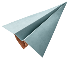 Blue and brown paper airplane with a sharp nose created from folded paper sheets.