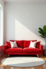Stylish living room featuring a vibrant red sofa with white cushions , furniture, modern