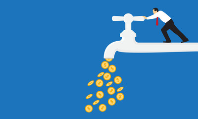 Business owner or investor opening water tap to let gold dollar coins money flowing out. cash flow. 