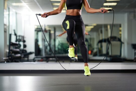 Female athlete exercise in the gym with a jumping rope
