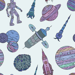 A colorful seamless pattern with featuring space elements such as rockets, planets, a robot, satellites, and asteroids, vector illustration